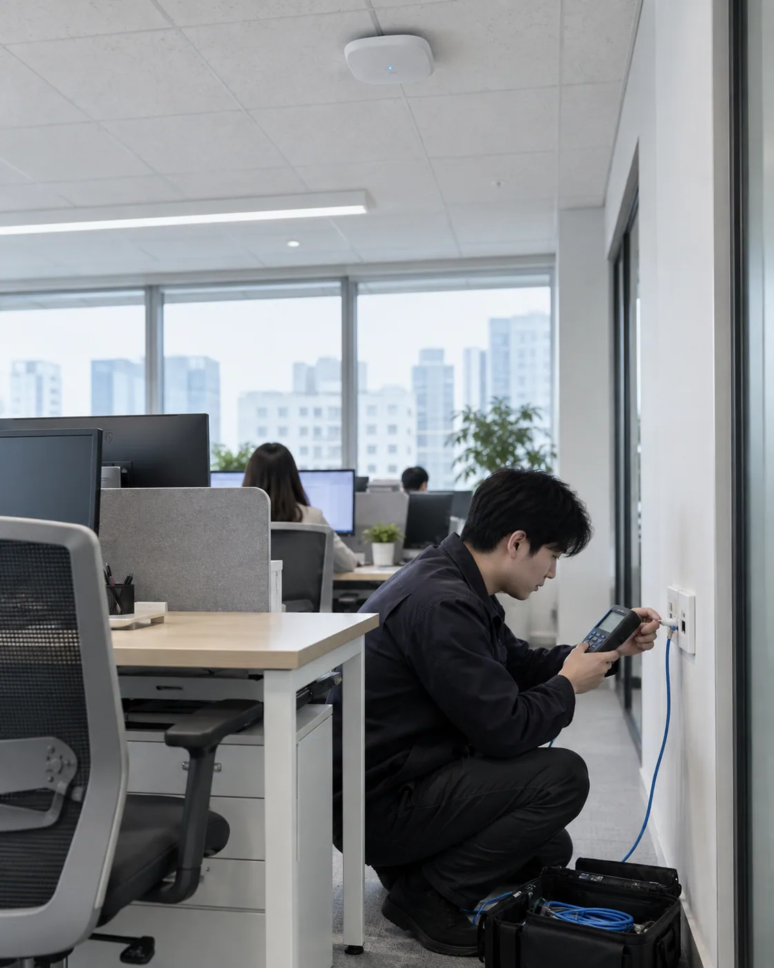 업무 좌석의 유선 포트와 천장 Wi-Fi 장비를 확인하는 장면 예시